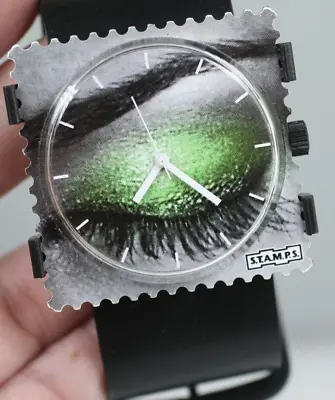 Stamps Brand Black Leather Band Green Eye Wrist Watch Nonworking (needs Battery) • $6.50