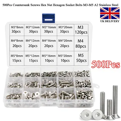 500Pcs Countersunk Screws Hex Nut Hexagon Socket Bolts M3-M5 A2 Stainless Steel • £9.88