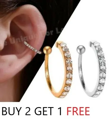 Ring Ear Cuff Nose Fake Slide On Crystal Diamante Ear Ring Hoop Stud Small • £3.49