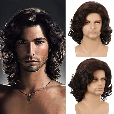 Men Wigs Dark Brown Long Curly Waves For Man Heat Resistant Synthetic Hair Wig • $18.86