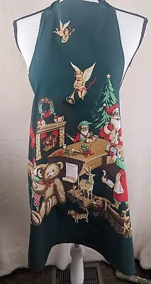 Vtg Christmas Apron Green OS Santa's Workshop Elves Santa Angels Cherubs Toys • $8.28