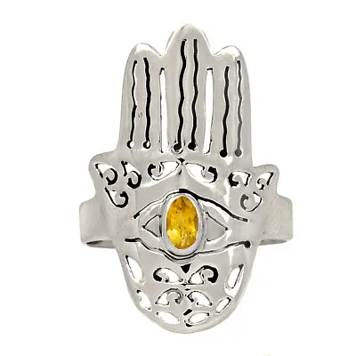 Hamsa Hand - Natural Citrine - Brazil 925 Silver Ring Jewelry S.7.5 CR35410 • £15.43