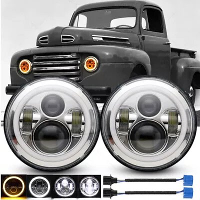 For Ford F1 1948-1952 Pair 7  Inch Round LED Headlights With Halo DRL Angel Eyes • $52.99