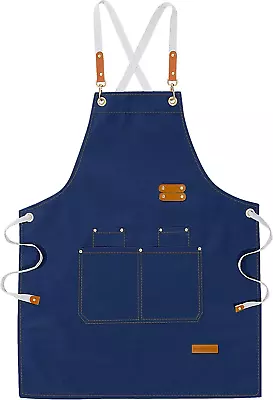 Chef Aprons For Men Women With Large Pockets Cotton Canvas Cross Back Adjustabl • $22.84