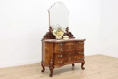 Italian Antique Carved Walnut Dresser Chest Mirror Marble #47554 • $2450