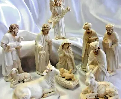 Nativity Set Scene 11 Figures  15 Cm  (6 ) Tallest. Antiqued Effect Cream Resin • £45