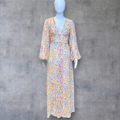 SHOWPO Pastel Floral Puff Sleeve  V Neck Tie Waist Maxi Dress Size 8 • $20