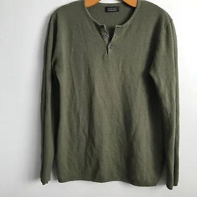 Zara Sweater Green XL Henley Thermal Long Sleeve Waffle Knit Button Pullover Top • $20