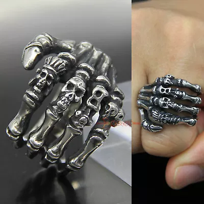 Retro Gothic 316L Stainless Steel Skeleton Hand Skull Cast Ring Silver/Black • $7.99