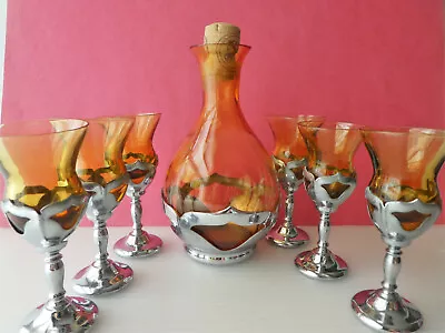 $202 • Buy Vintage ART DECO Farber Bros Krome Kraft New York  Metal & Amber Glass Decanter 