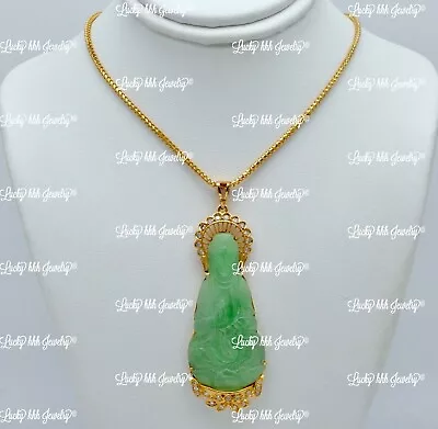 18k Yellow Gold Natural  Jade Quan Yin Diamond Pendant Lucky Lady Buddha • $1188
