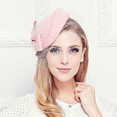 £19.99 • Buy A082 Lady Womens Dress Fascinator Wool Felt Pillbox Hat Party Wedding Bow Veil