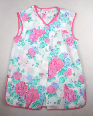 Vintage White Pink & Green  Floral Print Chore Smock Apron Vest Top - Size S • $9.09