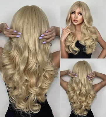 UK 24inch Cosplay Wig With Bangs Full Head Heat Resistant Hair Synthetic Blonde • £14.99