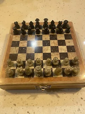 Mini Chess Set Wooden Stone Marble? Travel 6x6 Inches Approximately VINTAGE • $60