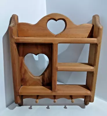 Vintage Country Heart Curio Wooden Shelf With Pegs • £19.30