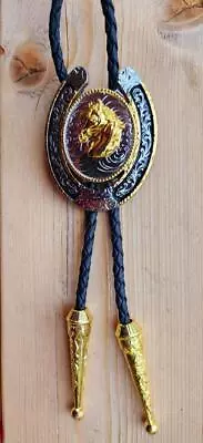 Horse Head Farm Animal Silver And Gold Shiny Horseshoe Cowboy Bolotie Bolo Tie • $13.99