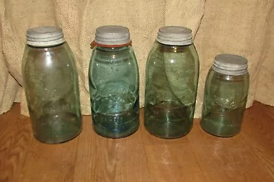 4 Vintage Slope Shoulder Ball Green/Blue Mason Jars 3 Half Gallon 1 Quart  #2009 • $85