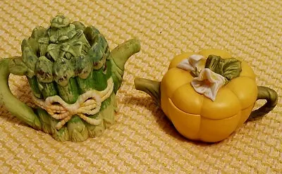 $9 • Buy 2 Avon 1996 Vegetable Mini Teapot Pumpkin Squash & Asparagus Lidded Trinket Box