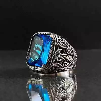 Solid 925 Sterling Silver AAA Blue Topaz Gemstone Birthday Gift Men's Boys Ring • $68.39