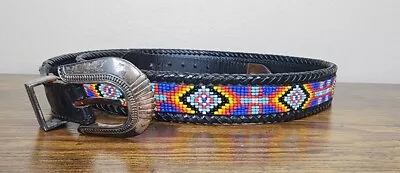 Vintage LL Bean Bauer 1991 Mens 40 Bead Aztec Leather Southwestern Beaded Belt • $34.95