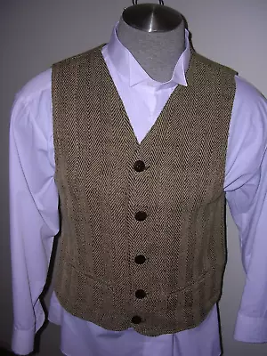 #772 Mens  Vintage Brown Herring Bone Tweed Vest Steampunk Dickens Waistcoat S/m • $18.50