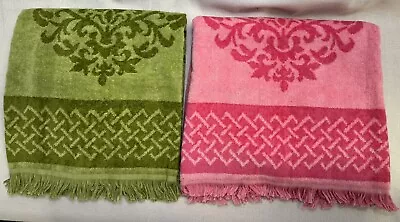 1960S 1970S Vintage Unused Pink And Green Luxury Fringed Bath Towel Set Of 2 • $19.99