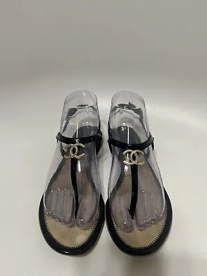 Vtg Chanel Black Patent Leather Cc Logo Sandals 36.5 • $350