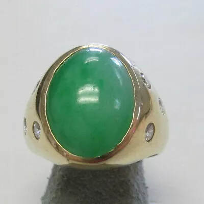 14k Men's Natural Untreated Green Jadeite Jade Diamond  Ring Size 8  Make Offer • $3649