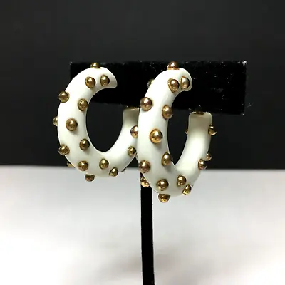 RARE Vintage KJL Kenneth Jay LANE White Lucite Studded HOOP Clip Earrings L113k • $119