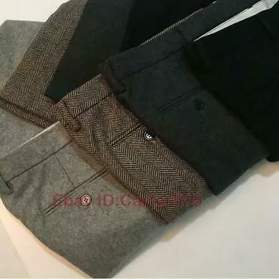 Mens Many Color Herringbone Wool Tweed Trousers British Slim Warm Straight Pants • $27.11