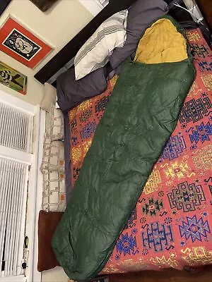 Vintage Goose Down Sleeping Bag Green Yellow 68” X 27” Eddie Bauer??? • $79.99