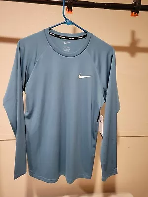 Nike Swim Shirt Men Small Blue Long Sleeve Activewear Dri Fit Swoosh Logo UPF40+ • $23.39