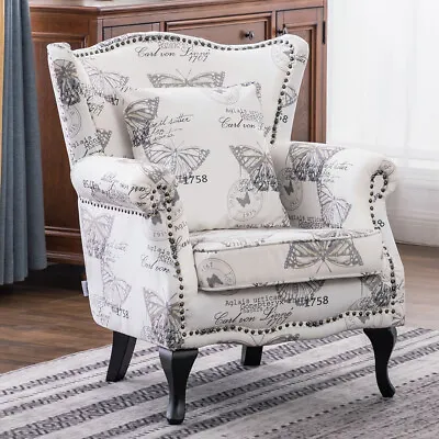 High Back Chair Winged Armchair Fireside Queen Anne Butterfly Fabric Retro Studs • £189.95