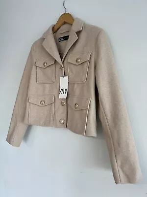 New Zara Woman Soft Touch Beige Blazer Gold Button Jacket Blazer Size M #7264 • $55.24