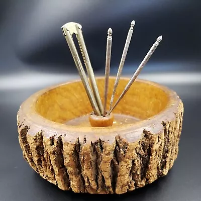 $33.99 • Buy Vintage MCM Wood Nut Cracker Bowl Tree Bark & Metal Nut Cracker Picks Rustic Set