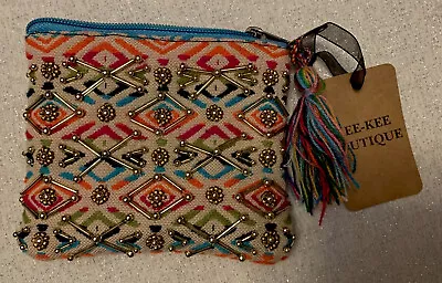 Small Beaded Cosmetic Bag Coin Pouch Zippered Colorful Aztec Wallet Clutch NWT • $12