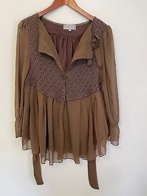 Pretty Angel Blouse XL Ruffles Mixed Media Brown Artsy Long Sleeves • $27.98