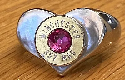 Winchester 357 Magnum Brass Bullet Casing Steel Heart Ring Sz 9 Fuchsia Crystal • $19.99