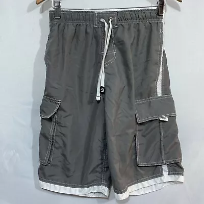 B. Split Mens Gray Elastic Waist Drawstring Swim Trunks Bottom Shorts Size Small • $10.99