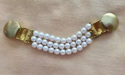 Vtg. White Faux Pearl & Gold Tone 3-strand Glove Holders/sweater Clip • $9.50