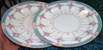 2 OLD Minton ENGLISH PORCELAIN Turquoise PERSIAN ROSE B838 10 3/8  DINNER PLATES • $79.99