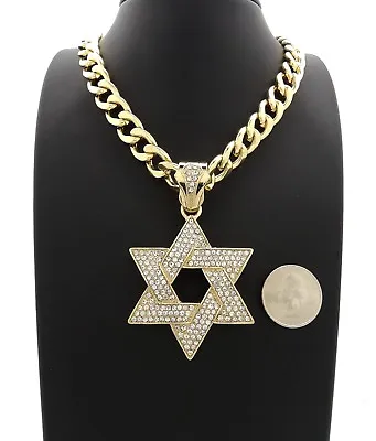 Hip Hop Full Iced Star Of David Pendant 11mm 20  Cuban Link Chain Gold Plated* • $29.99