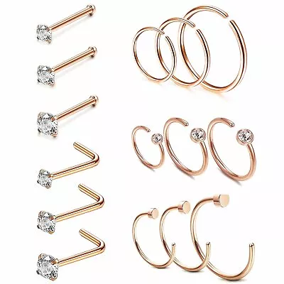 15PCS Surgical Steel CZ L-Shaped Nose Stud Hoop Nose Rings Piercing Jewelry 20G • $10.99