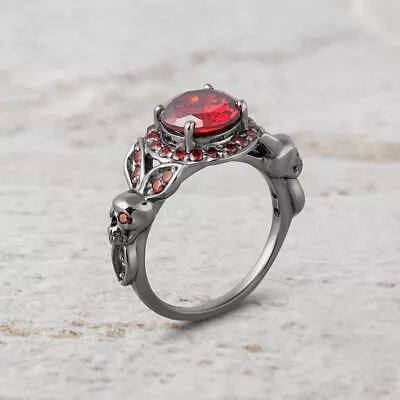 Leaf Floral Skull Engagement Ring Womens Gothic Skull Ring Halo Silver Gun Metal • $186.99