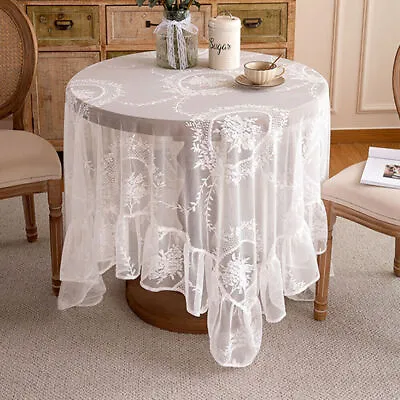 White Vintage Embroidered Lace Ruffle Tablecloth Dining Table Cover Wedding Deco • $39.59