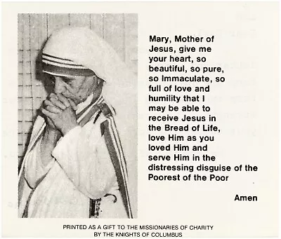 Mother Teresa Signed Prayer W/Printed Photo From Knights Of Columbus JSA Letter • $1299.99