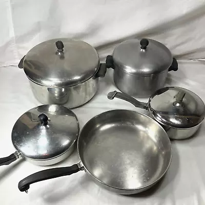 Vintage Farberware Aluminum Clad Stainless Cookware 9 Piece Sauce Pans Pot Lids • $73.59