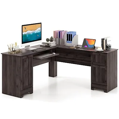 L-Shaped Corner Computer Desk Home Office Study Workstation W/ Cabinet & Drawers • £169.95