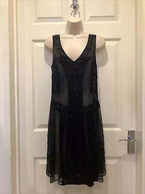 'belle By Oasis' Black Chiffon Shift Dress Bead Detail Size 10 • £10